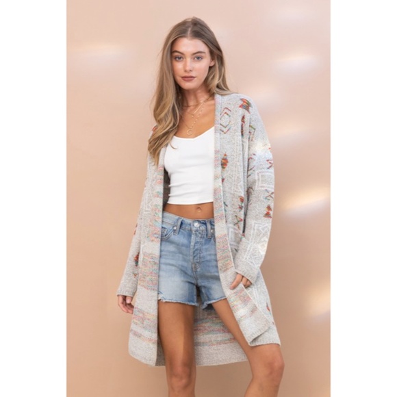 SOLD OUT Gray Colorful Aztec Tribal Western Marled Open Knit Cardigan Long - Picture 2 of 9